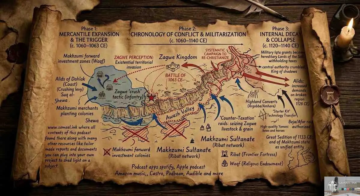 A detailed archival photograph of an aged parchment scroll, displaying an elaborate hand-drawn map. The map, rendered in sepia tones with seared edges, is titled 'CHRONOLOGY OF CONFLICT & MILITARIZATION (c. 1060–1140 CE)'. The map visually breaks down the era into three sequential phases. A timeline across the top is segmented into: 'MERCANTILE EXPANSION & THE TRIGGER (c. 1060–1063 CE)', 'TRANSITION TO THE MILITARY IQTA (c. 1070–1100 CE)', and 'INTERNAL DECAY & COLLAPSE (c. 1120–1140 CE)'. Blue-shaded zones indicate 'Makhzumi forward investment zones (Waqf)', illustrating mercantile expansion. A central red-starred icon is labeled 'BATTLE OF 1063 CE' with graphic overlays showing 'Zagwe 'crush' tactic (infantry)' versus 'Makhzumi defensive yet agile tactics (Zubayrid/Yemeni cavalry/archers)' on the rugged Awash Valley escarpment. Red-dotted areas indicate 'Makhzumi garrison state (Ribat network)' from the 1070s, detailed by a process diagram of 'Military Iqta (اِقْطَاع) - allotment' and an insert of the 'Technology Transfer (Composite bows and horses)'. A fragmented, patchwork of overlapping red borders depicts the 1120s as 'PATCHWORK OF AUTONOMOUS FIEFDOMS (Aged and fragmented)'. A final inset graph illustrates the 'Decline of Makhzumi Revenue (Central Authority Crumbled)'. The scroll surface is covered by a faded watermark for www.samael.ink and its podcast platforms. A lit candle and a wax seal are visible on the rustic wooden table. A detailed archival photograph of an aged parchment scroll, displaying an elaborate hand-drawn map. The map, rendered in sepia tones with seared edges, is titled 'CHRONOLOGY OF CONFLICT & MILITARIZATION (c. 1060–1140 CE)'. The map visually breaks down the era into three sequential phases. A timeline across the top is segmented into: 'MERCANTILE EXPANSION & THE TRIGGER (c. 1060–1063 CE)', 'TRANSITION TO THE MILITARY IQTA (c. 1070–1100 CE)', and 'INTERNAL DECAY & COLLAPSE (c. 1120–1140 CE)'. Blue-shaded zones indicate 'Makhzumi forward investment zones (Waqf)', illustrating mercantile expansion. A central red-starred icon is labeled 'BATTLE OF 1063 CE' with graphic overlays showing 'Zagwe 'crush' tactic (infantry)' versus 'Makhzumi defensive yet agile tactics (Zubayrid/Yemeni cavalry/archers)' on the rugged Awash Valley escarpment. Red-dotted areas indicate 'Makhzumi garrison state (Ribat network)' from the 1070s, detailed by a process diagram of 'Military Iqta (اِقْطَاع) - allotment' and an insert of the 'Technology Transfer (Composite bows and horses)'. A fragmented, patchwork of overlapping red borders depicts the 1120s as 'PATCHWORK OF AUTONOMOUS FIEFDOMS (Aged and fragmented)'. A final inset graph illustrates the 'Decline of Makhzumi Revenue (Central Authority Crumbled)'. The scroll surface is covered by a faded watermark for www.samael.ink and its podcast platforms. A lit candle and a wax seal are visible on the rustic wooden table.