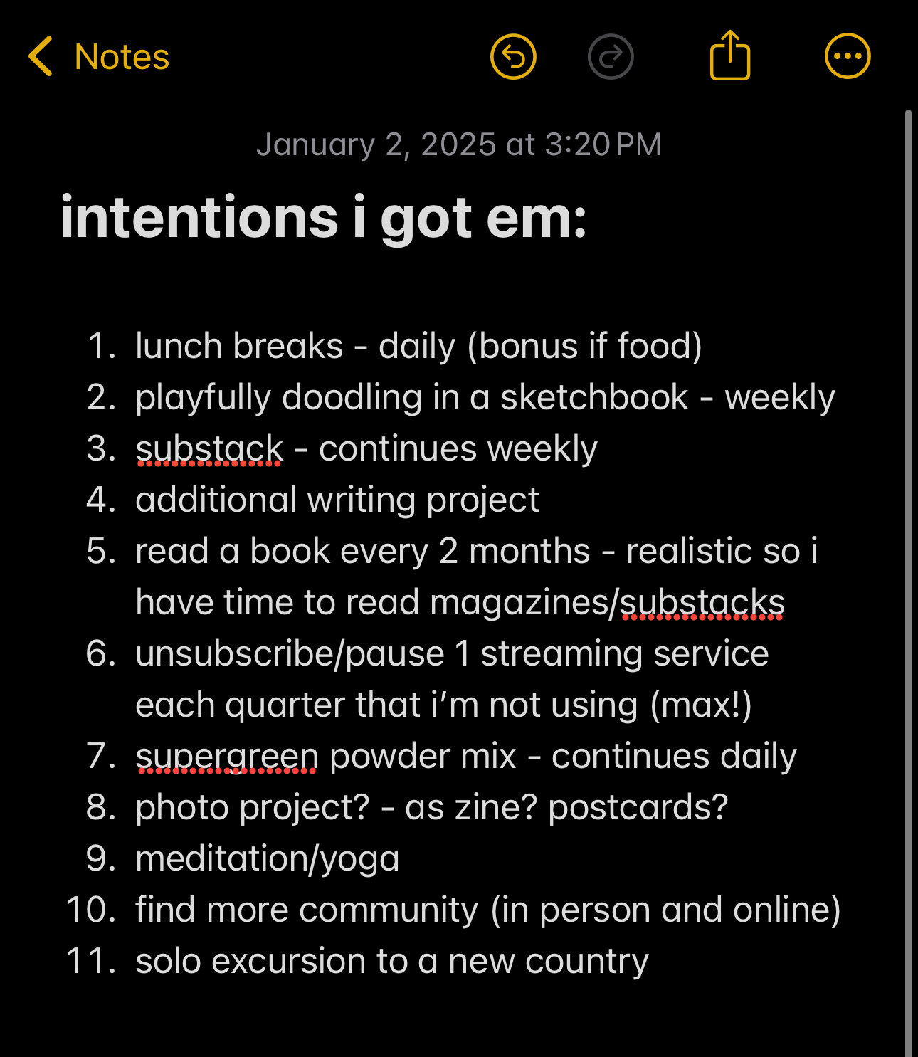 screenshot of a notes app featuring list of intentions for 2025