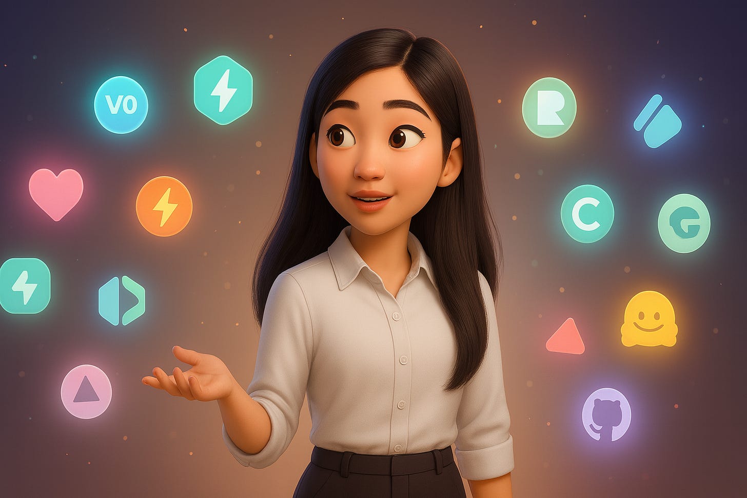 Illustration of a girl evaluating different AI tools and platforms, representing the decision-making flow in 'Build to Launch' by Jenny Ouyang — a guide to cost-effective AI product building.