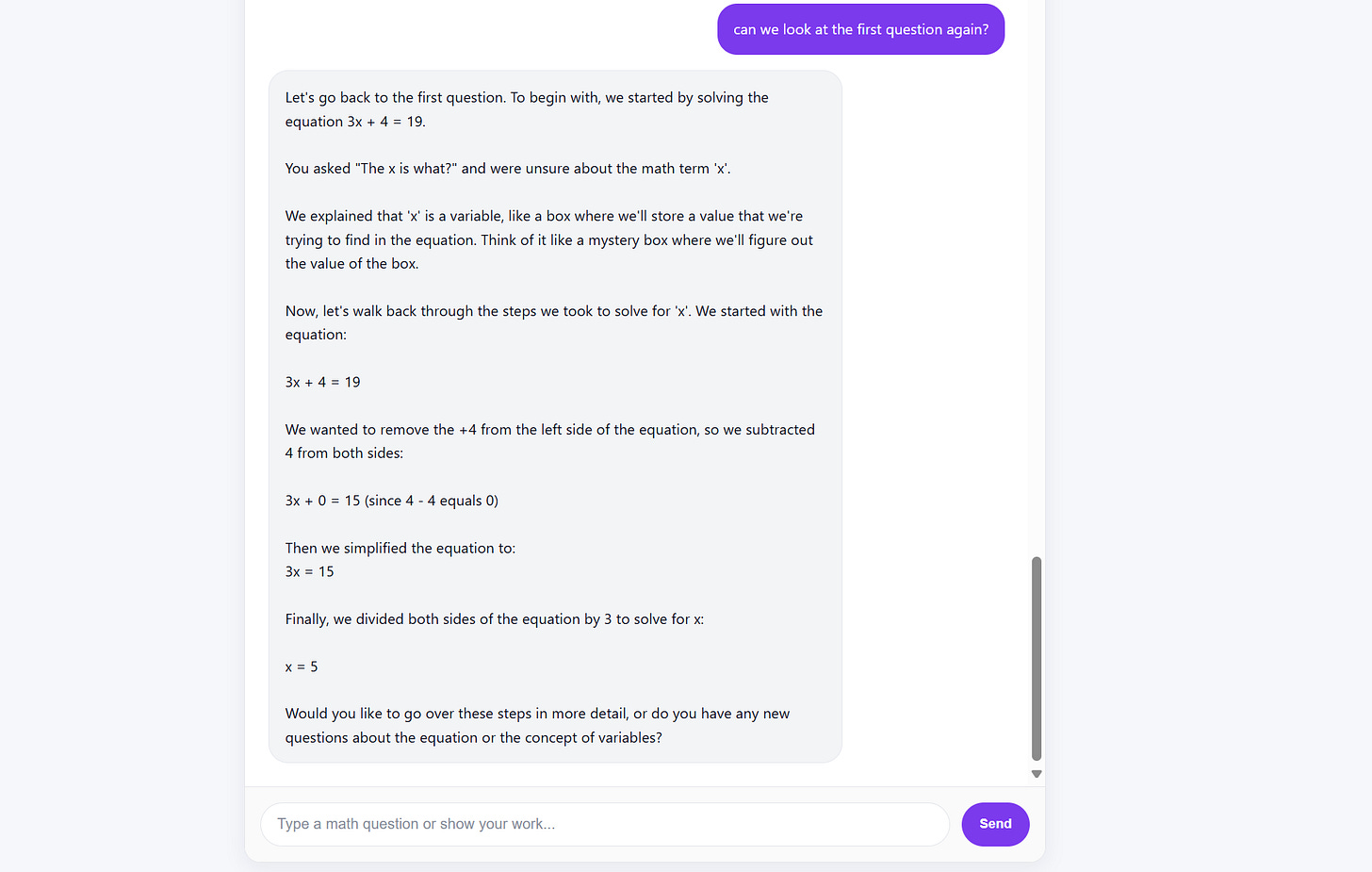 Chat window showing the math tutor explaining how to solve an equation step by step