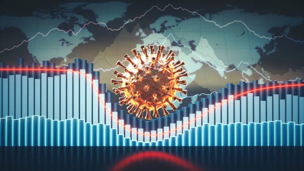 abstrakt coronavirus ekonomisk infographics 3d-koncept med diagram, grafer och världskarta i bakgrunden och en viruscell i centrum - covid pandemic bildbanksfoton och bilder