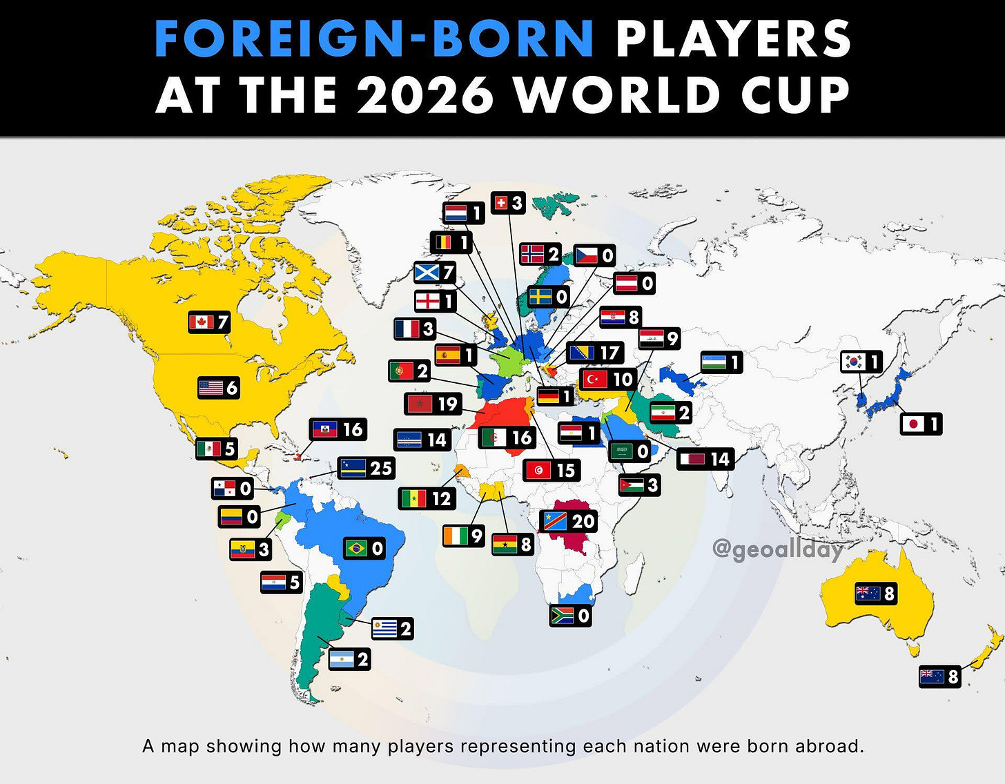 r/MapPorn - Foreign born players out of the 26 players in every 2026 Fifa World Cup squad