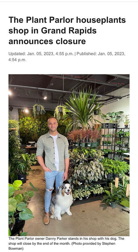 Screen shots of online news articles and Instagram posts about small businesses closing