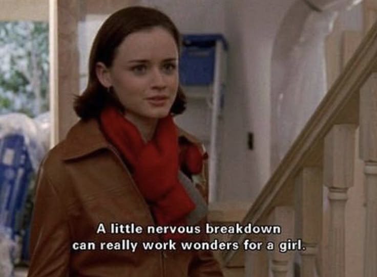 This may contain: a woman in a brown jacket and red scarf walking down stairs with a quote on it