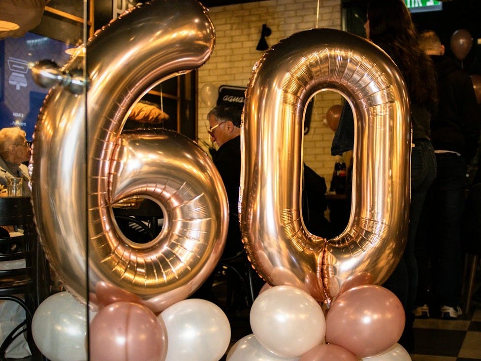 a large number of balloons in the shape of the number sixty