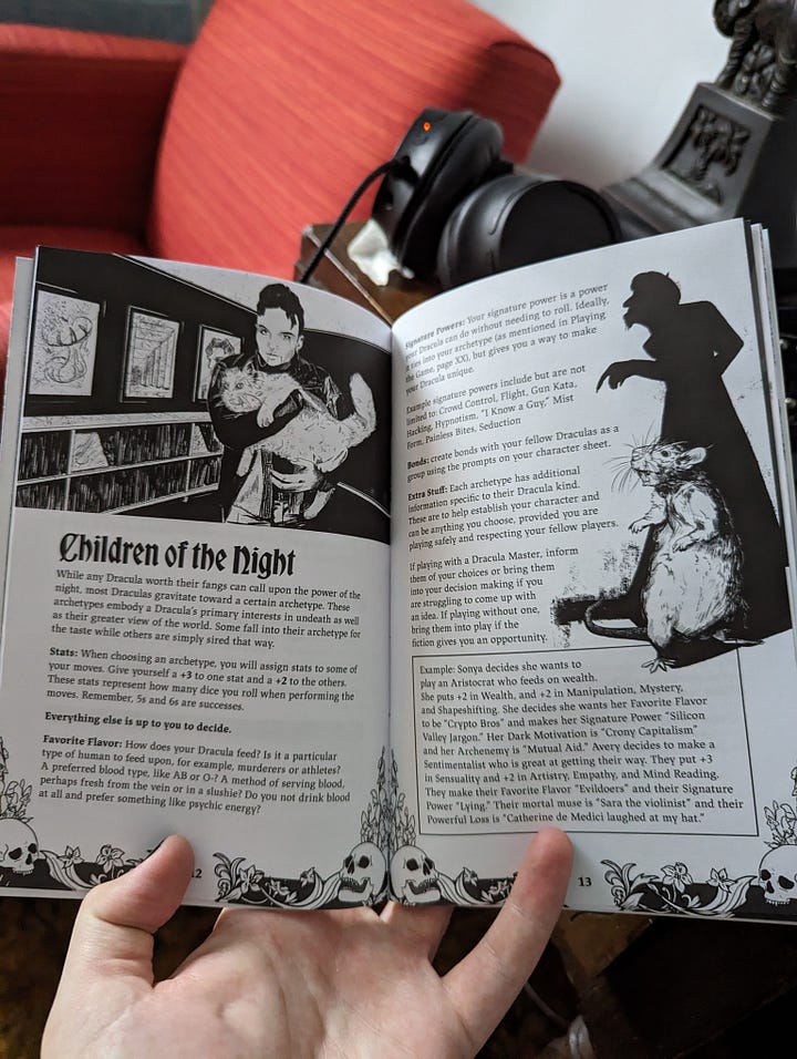 Front cover of the game, and art spread of a rat casting a vampiric shadow on the wall