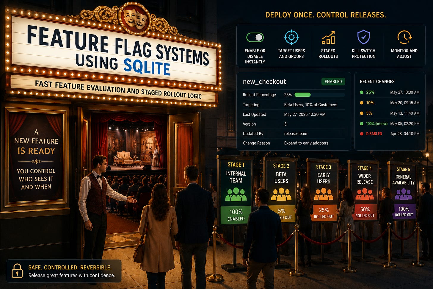 Theatre premiere illustrating SQLite feature flags, targeted users, and staged feature rollouts. Theatre premiere illustrating SQLite feature flags, targeted users, and staged feature rollouts.