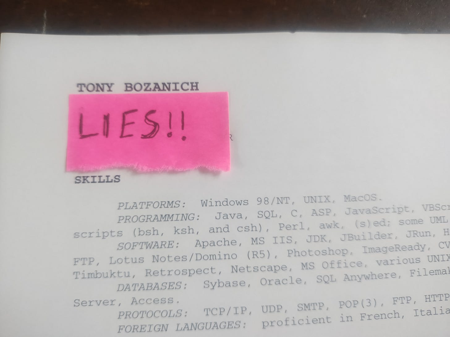 My resume circa September 2000, top.