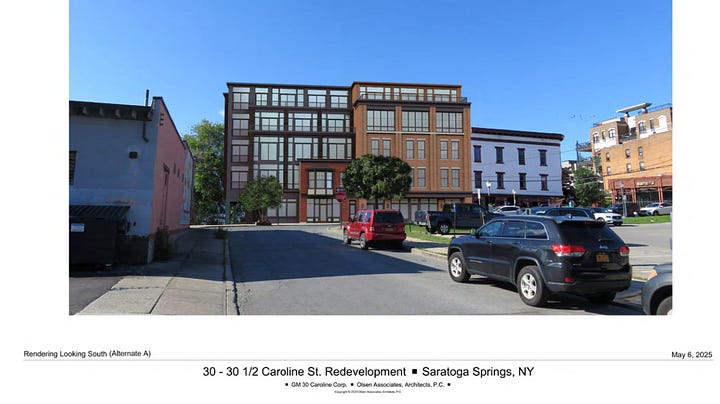 Two pictures of a planned mixed use building on Caroline Street in downtown Saratoga Springs.