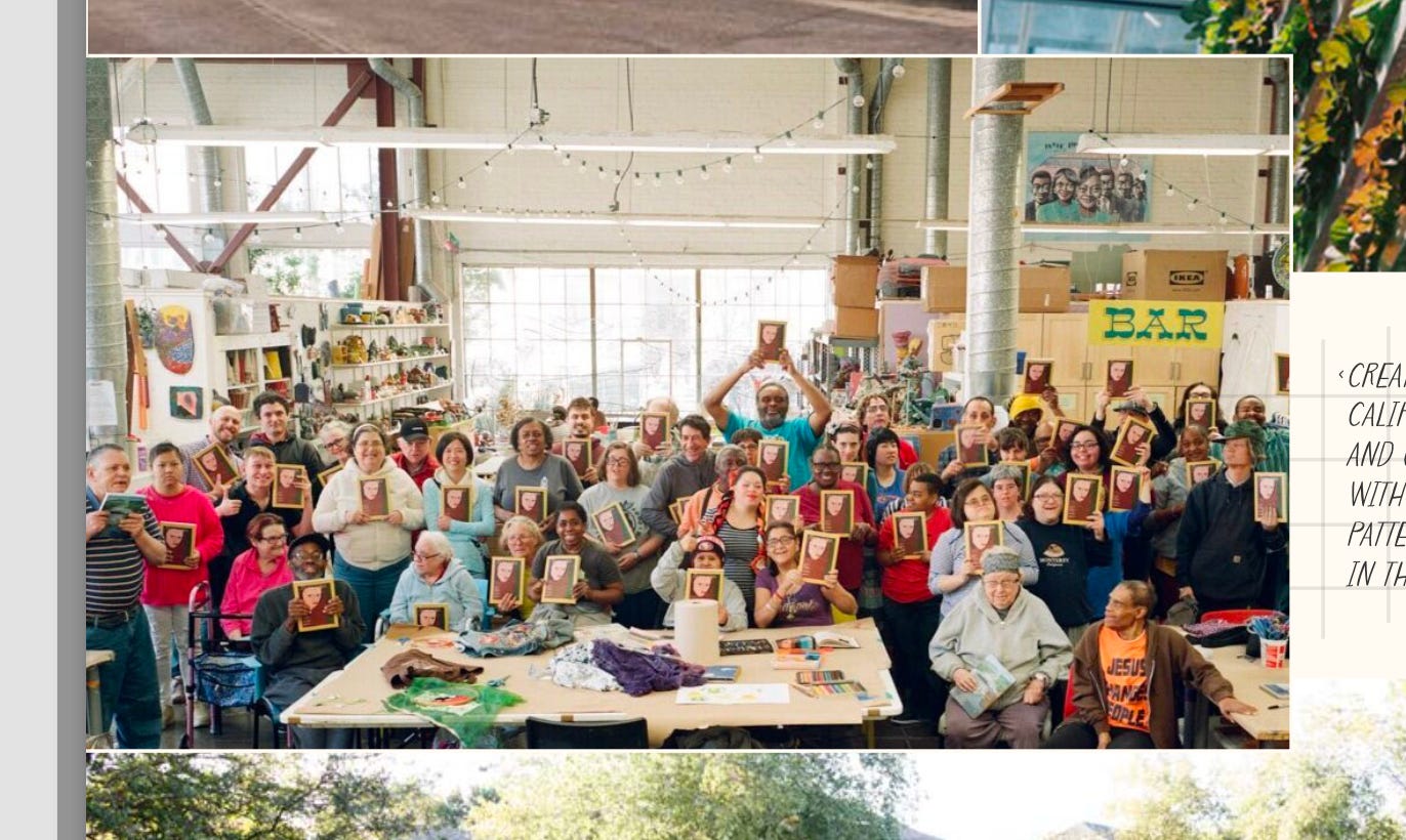 A group photo of several dozen artists in the light-filled, materials-rich studio of Creative Growth. A group photo of several dozen artists in the light-filled, materials-rich studio of Creative Growth.