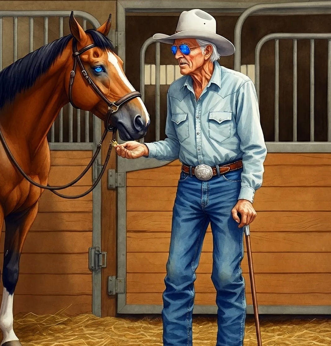 Emile Navarre with his horse, once a cattleman always a cattleman.