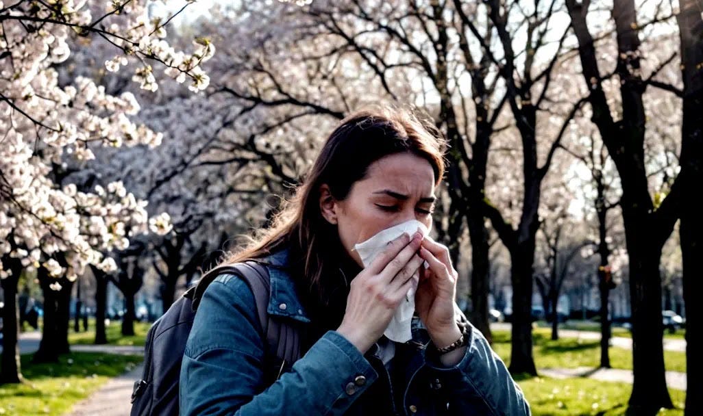 Spring allergies overwhelm a young woman, leaving her powerless against intense sneezing episodes.