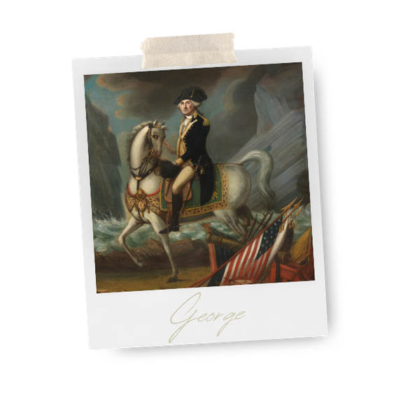 George Washington on horseback, painted by William Clarke, 1800. National Portrait Gallery, Smithsonian Institution. Displayed in a Polaroid frame on the George coffee bag by Official Fellow Citizen.