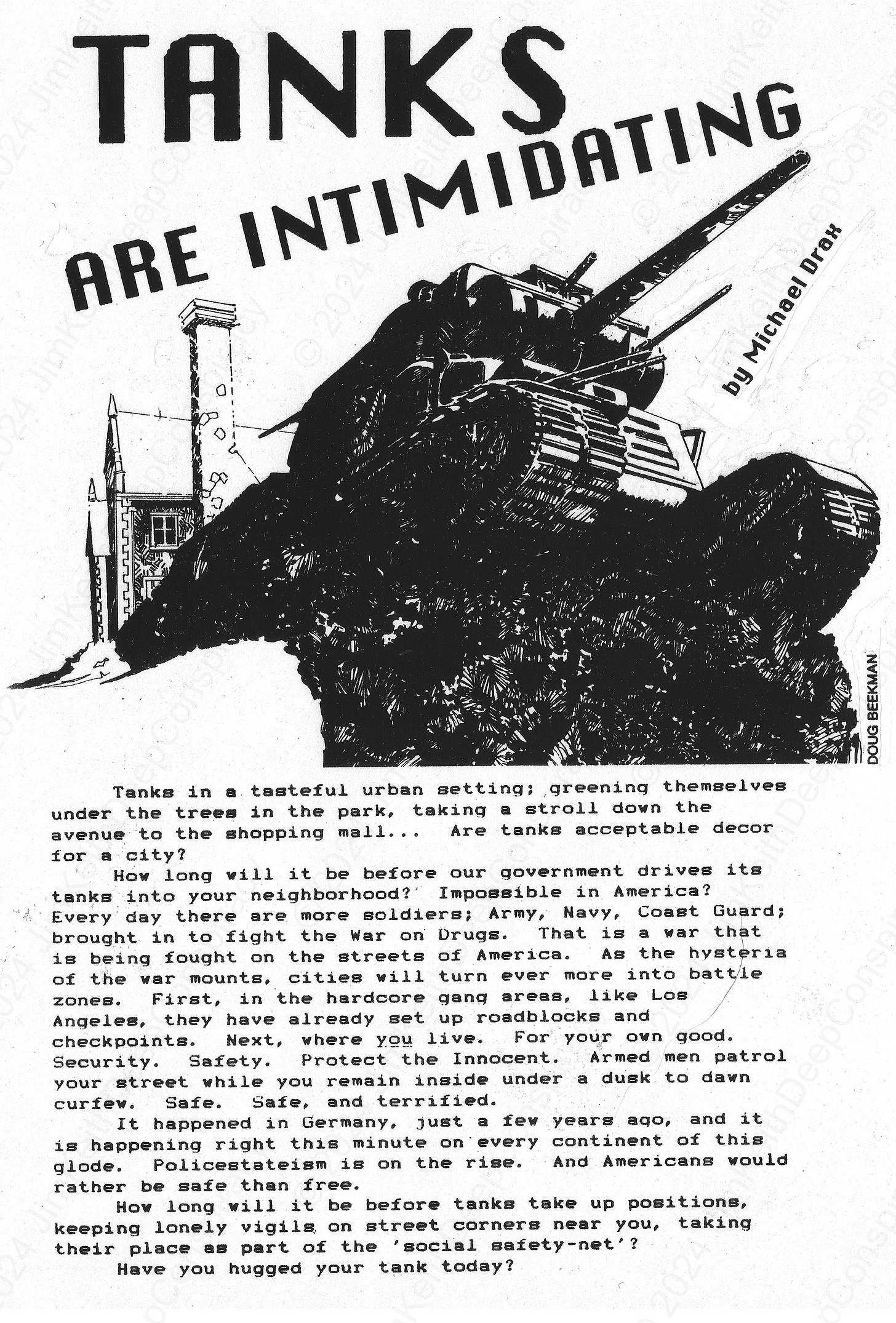 Typewritten story by Jim Keith: Contemplating tanks in urban settings, societal shifts, and the encroachment of militarization in daily life.