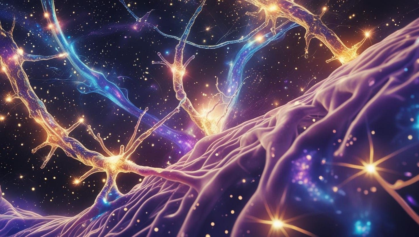 Microscopic view of neural microtubules as glowing fiber optic networks, quantum particles dancing between synapses, brain tissue transforming into cosmic structures