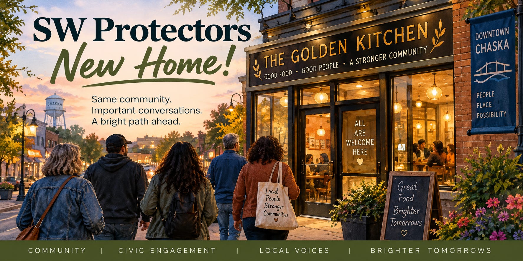 Illustration of SW Protectors members walking toward The Golden Kitchen in downtown Chaska at dusk, announcing the group’s new meeting location. Illustration of SW Protectors members walking toward The Golden Kitchen in downtown Chaska at dusk, announcing the group’s new meeting location.