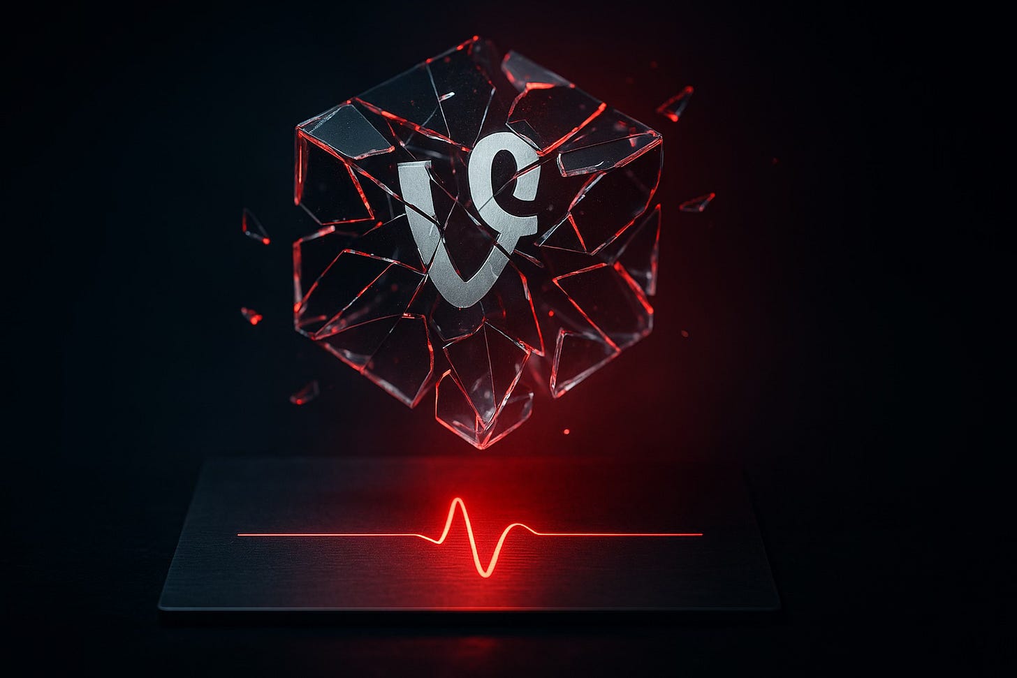 Shattered glass cube with Vine logo suspended above a red attention pulse line. Shattered glass cube with Vine logo suspended above a red attention pulse line.