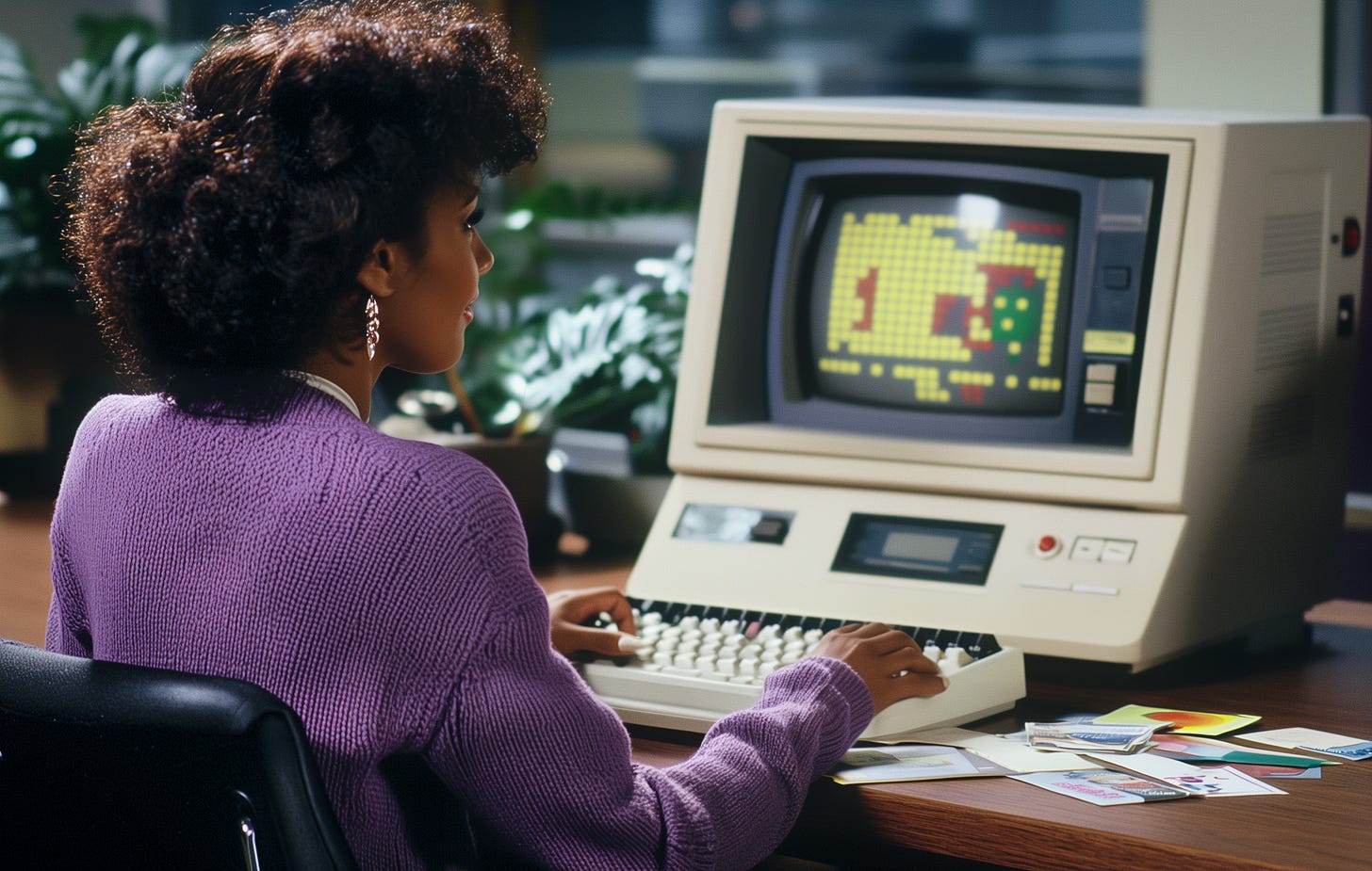 A woman using a vintage computer, focused on creating a pixelated graphic design. A woman using a vintage computer, focused on creating a pixelated graphic design.