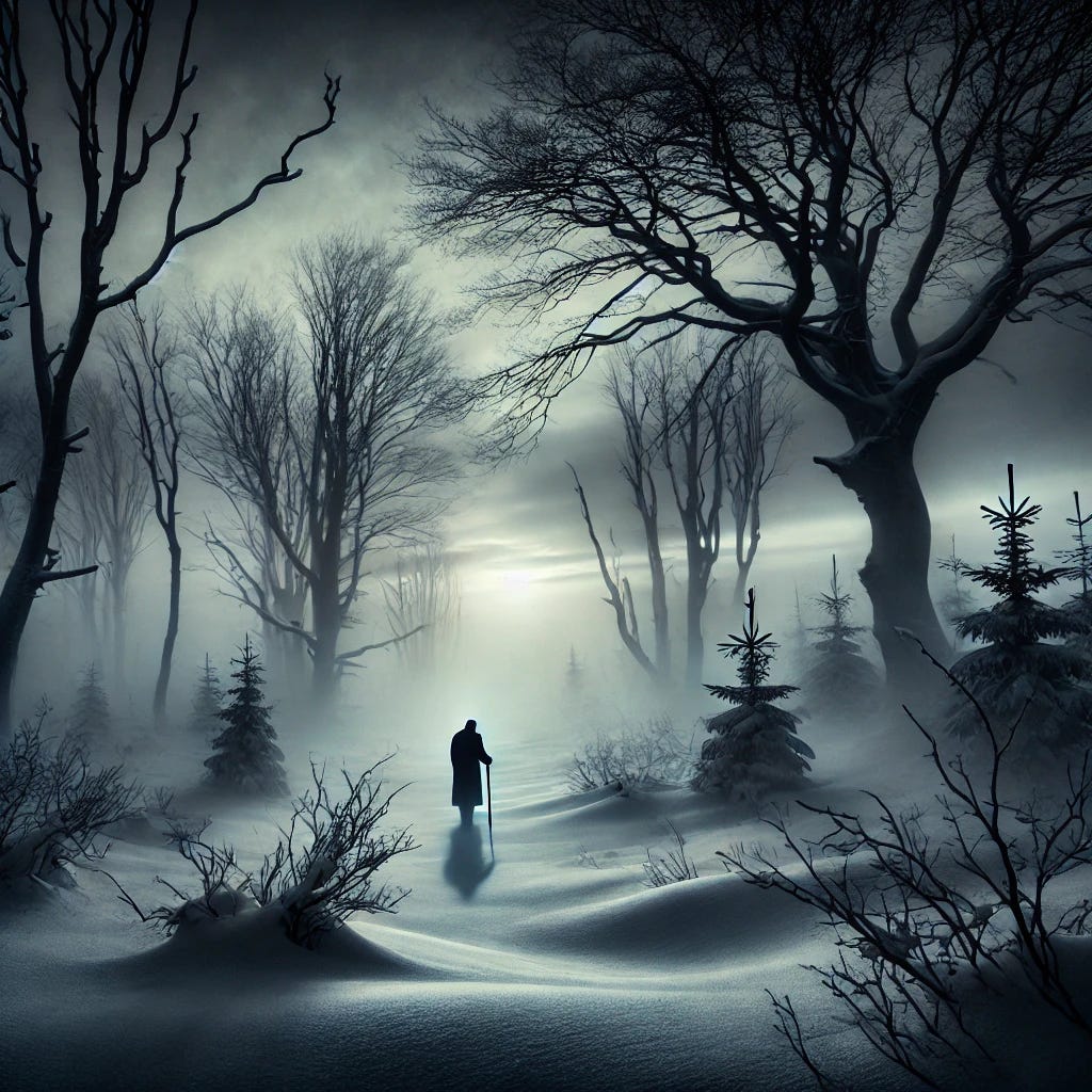 An old man with a stick, his back to us, walks away from us through a misty, black and white winter forest. An old man with a stick, his back to us, walks away from us through a misty, black and white winter forest.