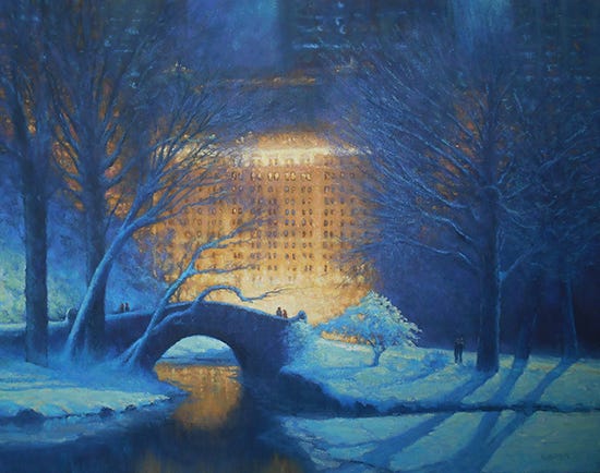 Moonlit Evening, Central Park and the Plaza, Oil, 22 x 28", © Michael Budden Moonlit Evening, Central Park and the Plaza, Oil, 22 x 28", © Michael Budden