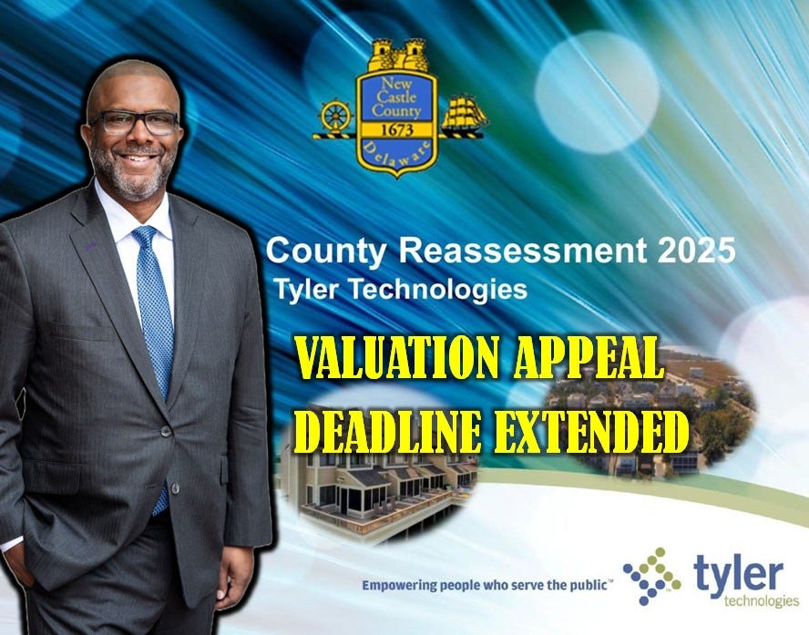 May be a graphic of 1 person and text that says 'New Castle County 1673 Delawate a County Reassessment 2025 Tyler Technologies VALUATION APPEAL DEADLINE EXTENDED Empowering people who serve the Empoweringpeoplewhoservethepubli public tyler technologies'