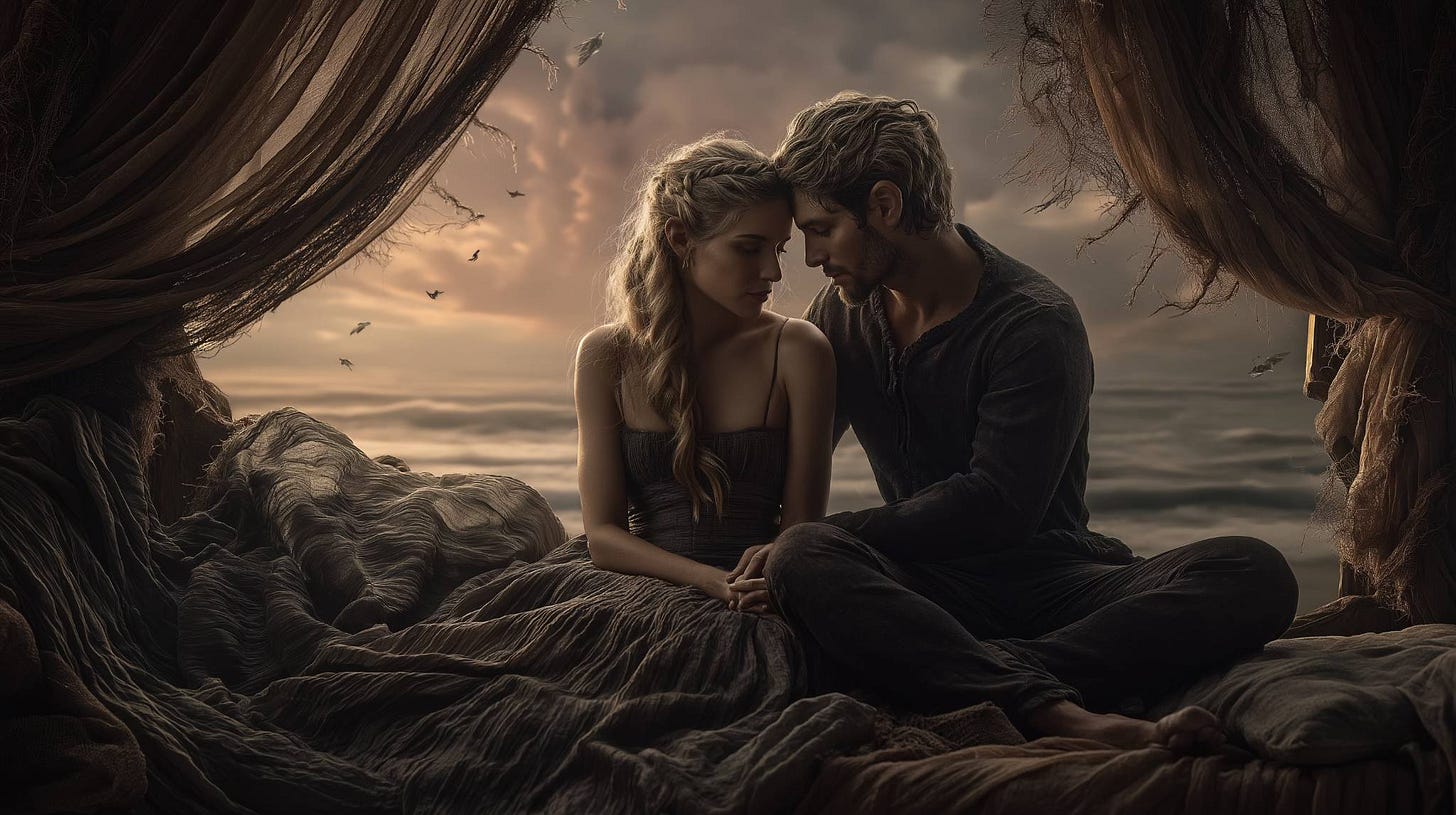 A man and woman sit close together on a bed of draped fabric, foreheads touching as they share a quiet, intimate moment. Soft evening light falls through tattered curtains, revealing an ocean and cloudy sky behind them.