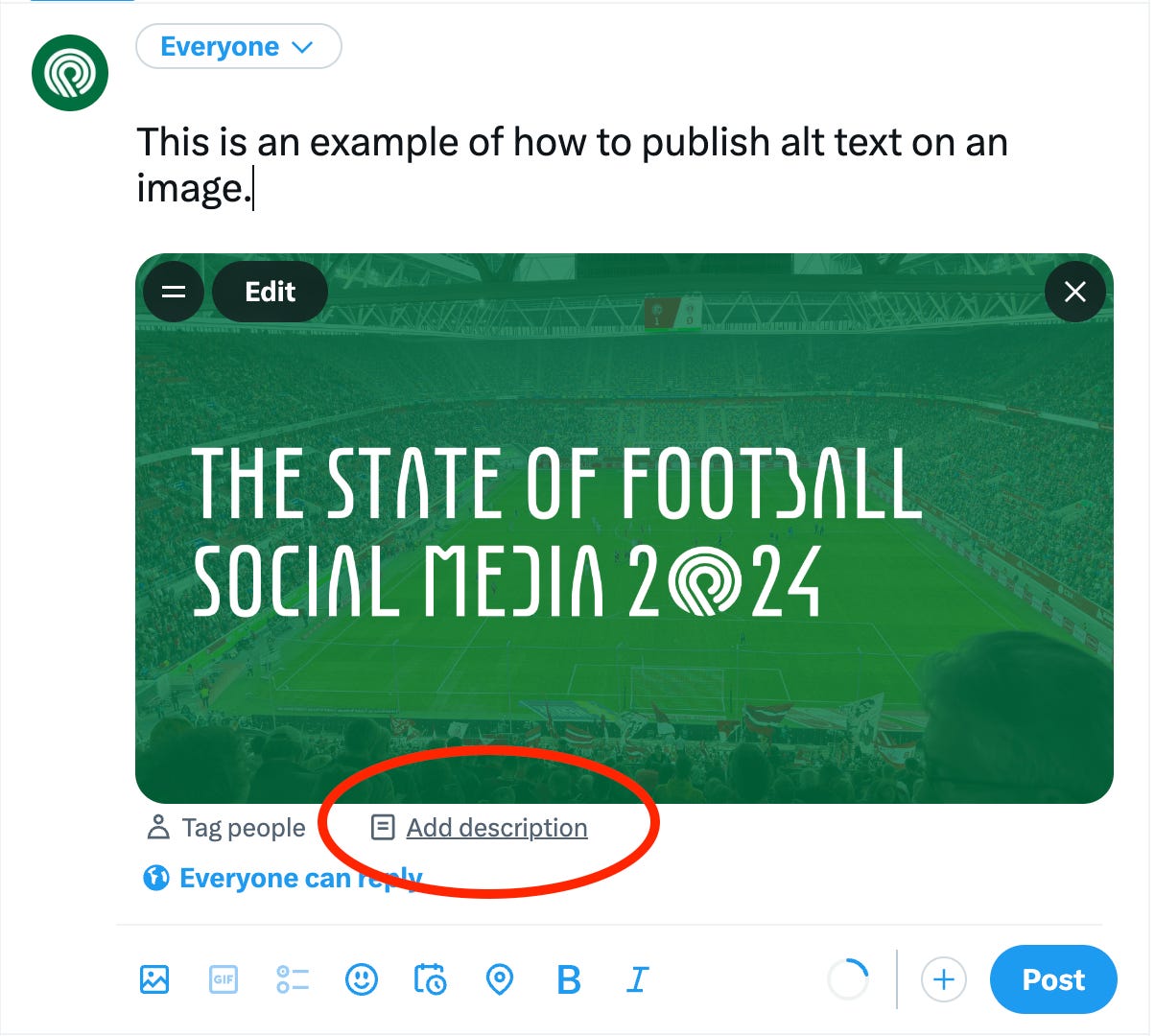 A screenshot of X on desktop with a red circle around the 'add description' button where people can add alt text A screenshot of X on desktop with a red circle around the 'add description' button where people can add alt text