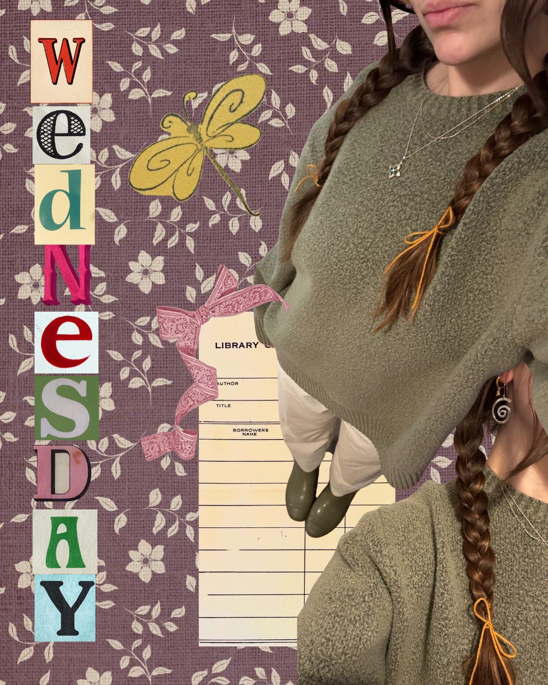 Wednesday: Colorful collage showing ribbon, library card, author in green sweater.