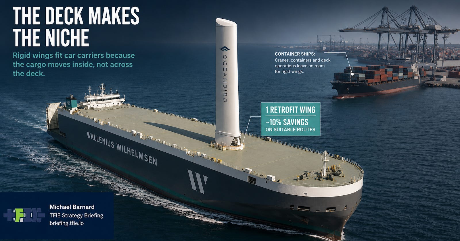 A large enclosed car carrier sails toward a RoRo terminal with one tall rigid wing mounted on its clear upper deck and text noting approximately 10% savings on suitable routes. A large enclosed car carrier sails toward a RoRo terminal with one tall rigid wing mounted on its clear upper deck and text noting approximately 10% savings on suitable routes.