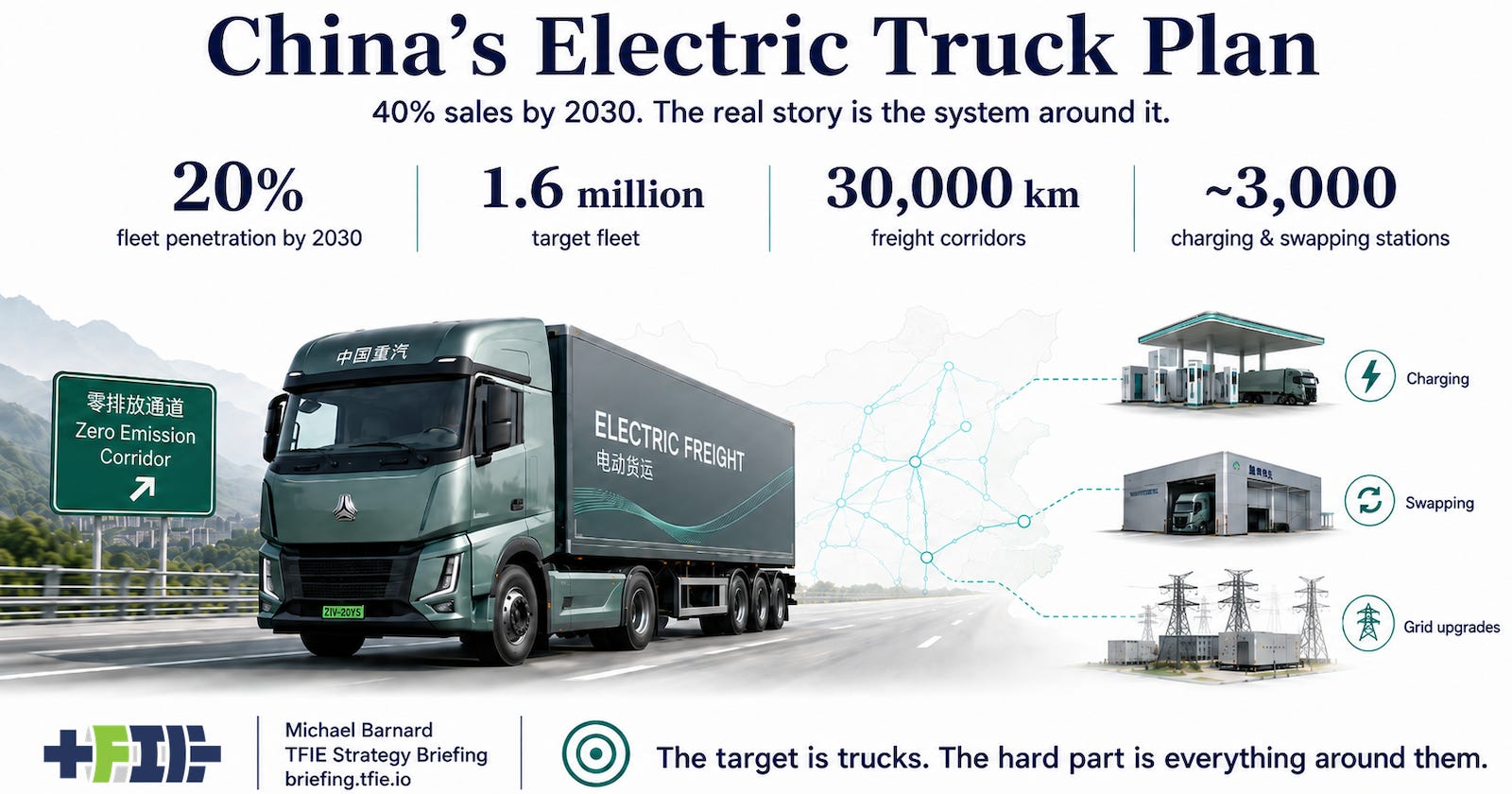 Electric heavy truck on a Chinese freight corridor, with charging, swapping, grid, and logistics layers shown.