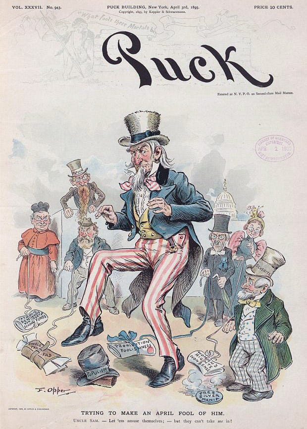 Uncle Sam tiptoes through a field of April Fools' tricks, including a hat with a brick in it, several wallets with strings attached, and a smoking coin.