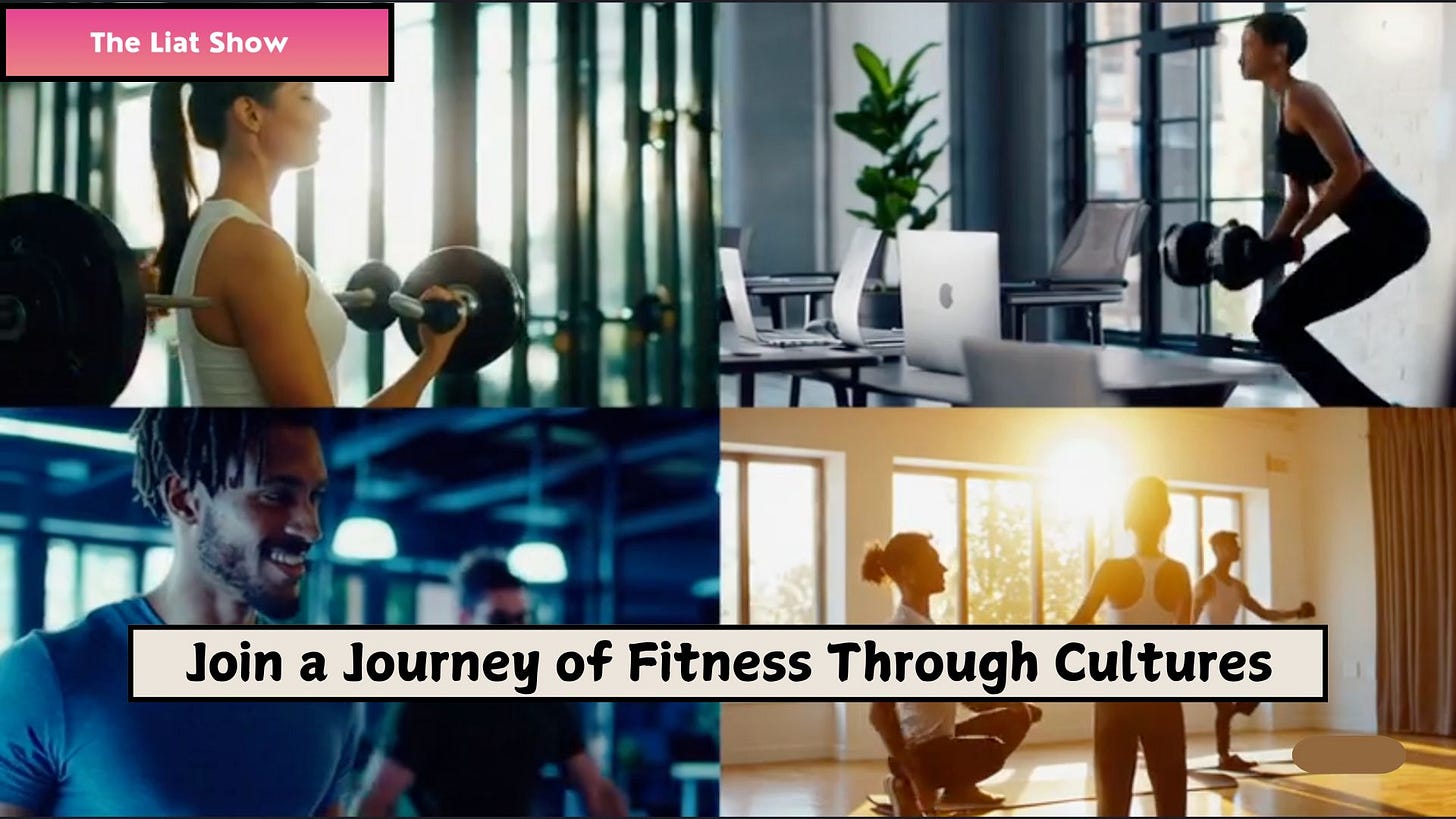 A four-panel collage showing people working out in different places. Top left shows a woman lifting a barbell at the gym. Top right shows a woman doing squats with dumbbells in a bright office. Bottom left shows a man smiling during a workout. Bottom right shows three people doing exercises in a room filled with sunlight and large windows. #LiatPortal #GuyBar #Argox #Habeats #Hygear #TheLiatShow