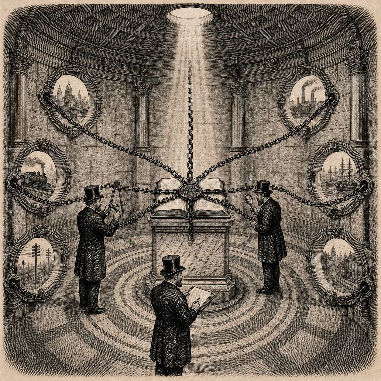 Wood-engraving editorial illustration in the Thomas Nast Harper's Weekly style for Attention Capital's essay Free Streaming, Expensive Underwriting. A circular domed vault chamber holds a single bound IP catalog on a marble pedestal at center frame, struck with a heavy wax seal. Six iron chains rise from the seal and arc outward through six ornamental portals in the perimeter wall, each opening onto a different distribution channel beyond. Three Victorian bankers stand around the pedestal holding instruments of credit appraisal, with a single beam of light descending from the dome's oculus onto the seal. The image visualizes the credit-financeable layer of FAST: an owned-IP supplier distributing across multi-platform channels with the credit relationship anchored on the owned asset, the structural exception that turns FAST into an asset-backed lending category. Wood-engraving editorial illustration in the Thomas Nast Harper's Weekly style for Attention Capital's essay Free Streaming, Expensive Underwriting. A circular domed vault chamber holds a single bound IP catalog on a marble pedestal at center frame, struck with a heavy wax seal. Six iron chains rise from the seal and arc outward through six ornamental portals in the perimeter wall, each opening onto a different distribution channel beyond. Three Victorian bankers stand around the pedestal holding instruments of credit appraisal, with a single beam of light descending from the dome's oculus onto the seal. The image visualizes the credit-financeable layer of FAST: an owned-IP supplier distributing across multi-platform channels with the credit relationship anchored on the owned asset, the structural exception that turns FAST into an asset-backed lending category.