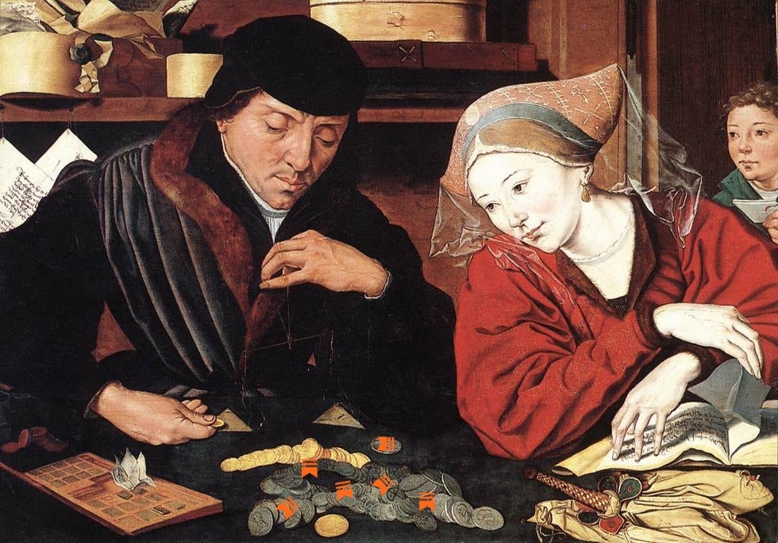 Quentin Metsys (1465/1466-1530), “The Banker and his Wife,” 1514, man and woman looking down at a pile of coins and Substack logos Quentin Metsys (1465/1466-1530), “The Banker and his Wife,” 1514, man and woman looking down at a pile of coins and Substack logos