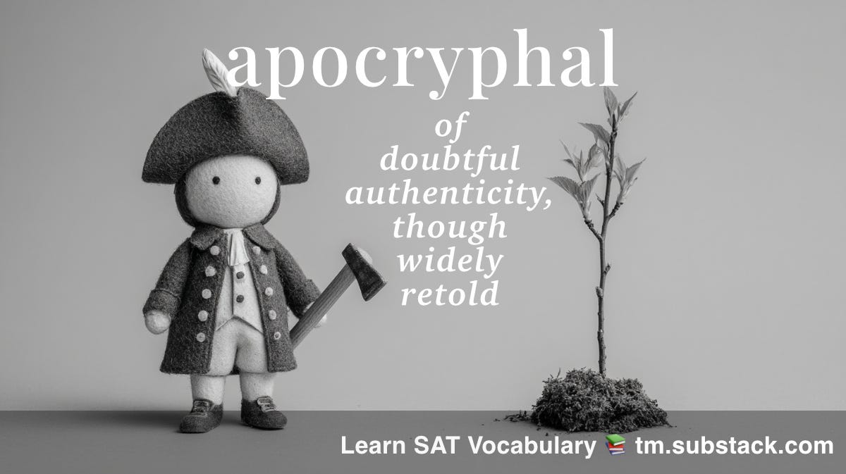 Illustration of a doll George Washington next to a cherry tree, representing the famous apocryphal story; used to illustrate the SAT vocabulary word 'apocryphal'.