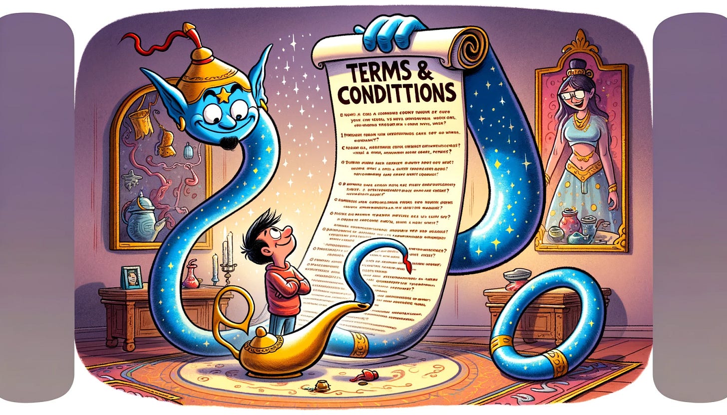 Cartoon illustration: A playful genie next to a shimmering magic lamp unfurls a comically long scroll labeled "Terms & Conditions" that snakes around the room. The genie asks "Do you accept?" The potential wisher peers at the document with a mix of curiosity and apprehension. The room is filled with an assortment of enchanted items, adding a layer of whimsy and magic to the scene, emphasizing the humorous predicament of modern-day wish-making. Cartoon illustration: A playful genie next to a shimmering magic lamp unfurls a comically long scroll labeled "Terms & Conditions" that snakes around the room. The genie asks "Do you accept?" The potential wisher peers at the document with a mix of curiosity and apprehension. The room is filled with an assortment of enchanted items, adding a layer of whimsy and magic to the scene, emphasizing the humorous predicament of modern-day wish-making.