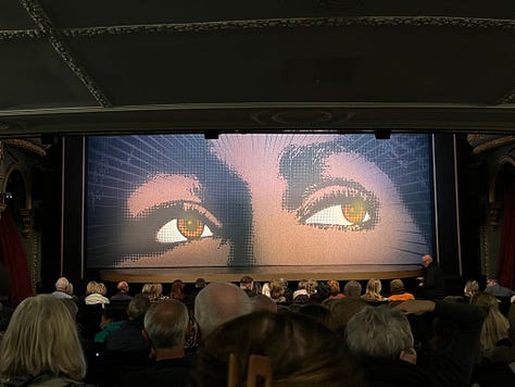 first photo of old headstones in grass filled cemetery, second photo light blue carved door set into a stone archway, third photo of theatre pre-set curtain which is Tina Turner's face but only really her eyes