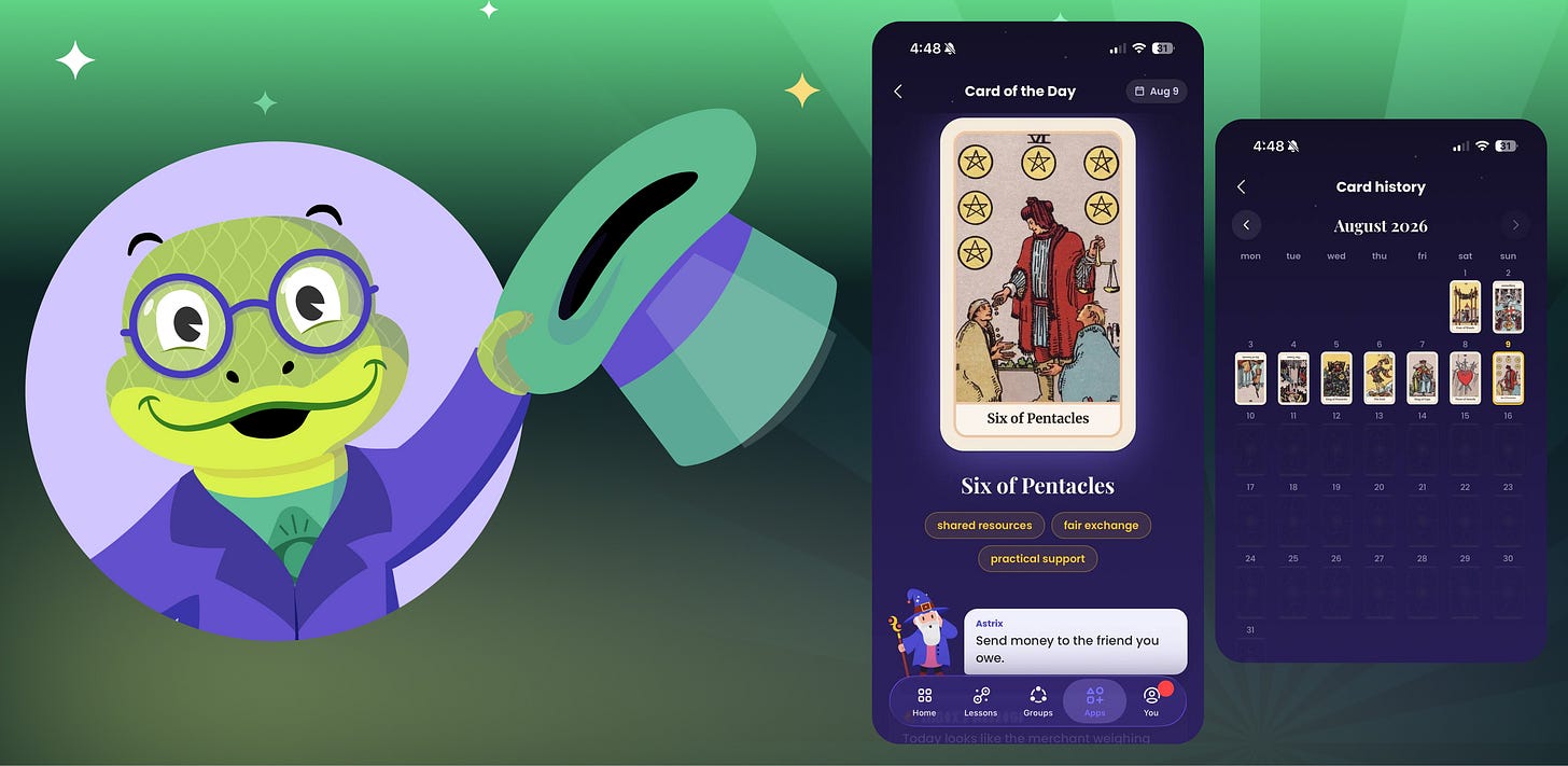 The lizard mascot tipping his top hat beside app screens showing the Card of the Day and a card collection. The lizard mascot tipping his top hat beside app screens showing the Card of the Day and a card collection.