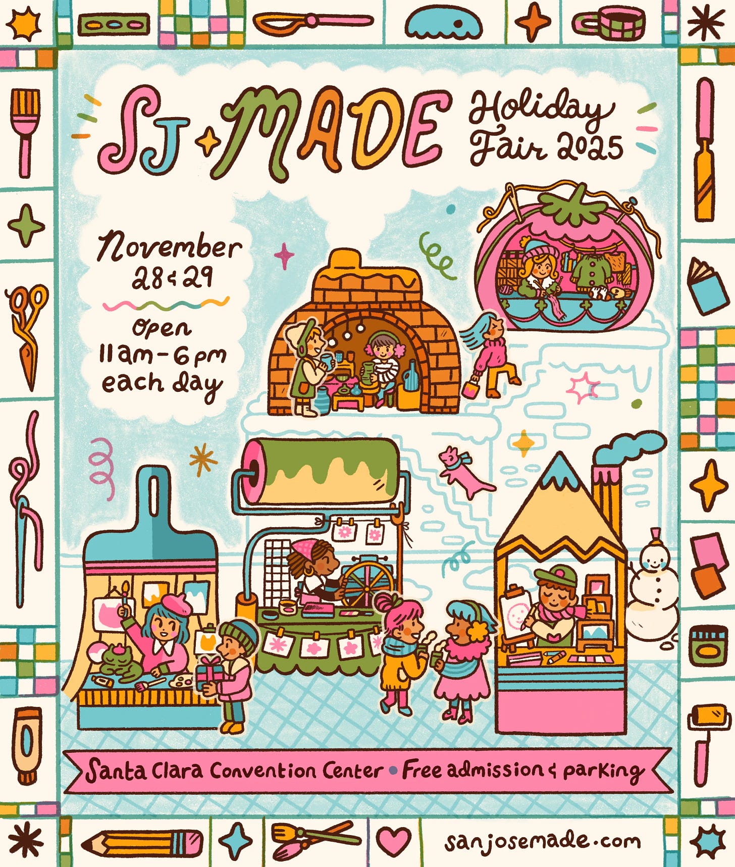 Flyer for the SJMADE Holiday Fair featuring crafty booths in a snowy environment