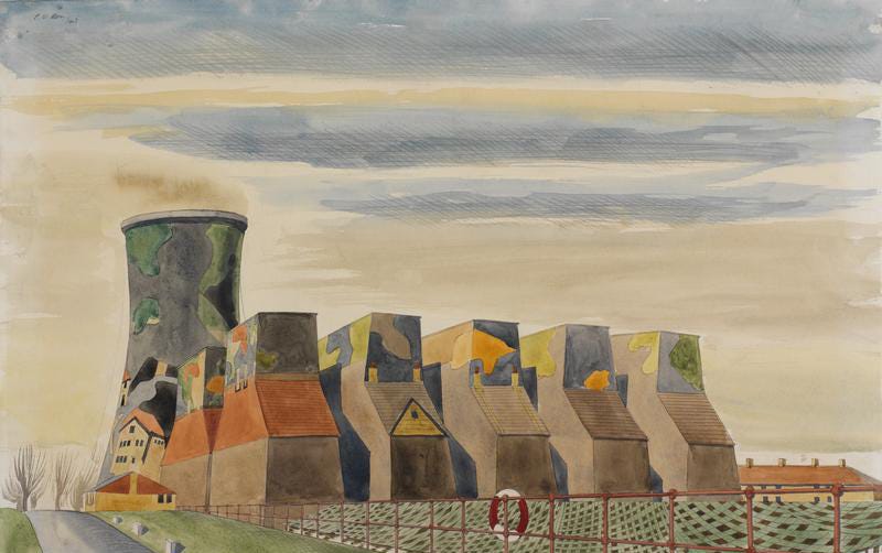 Watercolour of a power station and cooling tower camouflaged as housing by Colin Moss, a leading artist at the camouflage unit. © IWM RT LD 3024