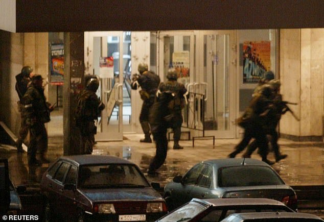 The only time that so-called central nervous system (CNS)-targeting weapons have been used was by the Russian security services during the 2002 Moscow theatre siege (pictured). A gas containing fentanyl derivatives was used to knock out the gunmen inside The only time that so-called central nervous system (CNS)-targeting weapons have been used was by the Russian security services during the 2002 Moscow theatre siege (pictured). A gas containing fentanyl derivatives was used to knock out the gunmen inside