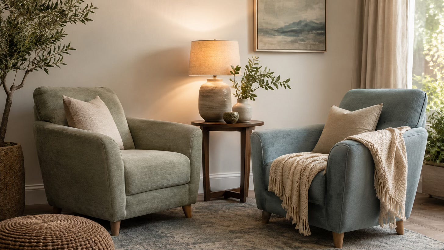 Calm therapeutic coaching space with two armchairs, warm light, and a soft, emotionally safe atmosphere.