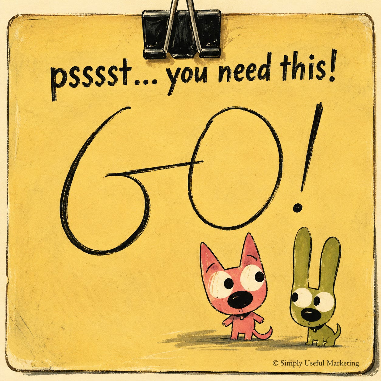 Vintage-style yellow note reading “psssst... you need this!” above a large handwritten “60!” with two small cartoon dog characters standing at the lower right. Vintage-style yellow note reading “psssst... you need this!” above a large handwritten “60!” with two small cartoon dog characters standing at the lower right.