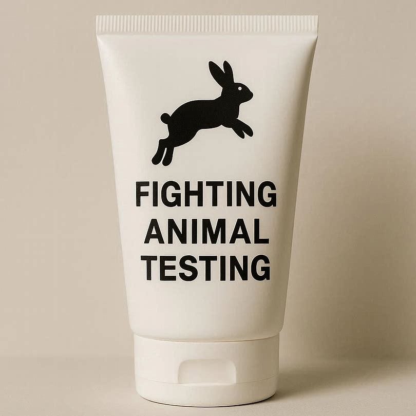 A sign on a tube of moisturizer that says “Fighting Animal Testing.”
