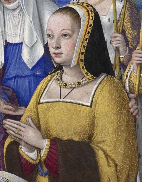 Illustrated manuscript depiction of Anne of Brittany, the protagonist of the Importance of Wives, kneeling in prayer. Wearing gold, she's surrounded by patron saints. Illustrated manuscript depiction of Anne of Brittany, the protagonist of the Importance of Wives, kneeling in prayer. Wearing gold, she's surrounded by patron saints.