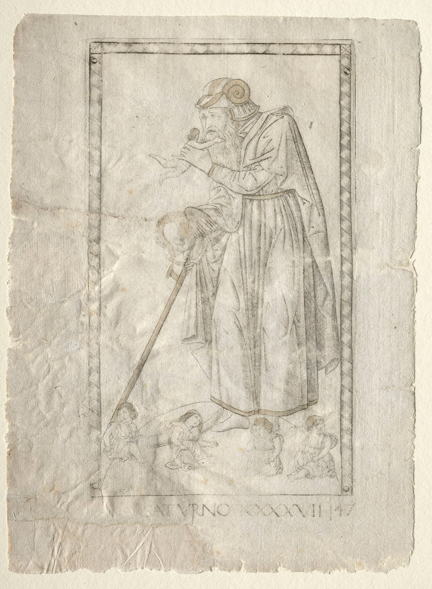 An engraving inscribed SATVRNO and numbered 47: an old man leaning on a sickle lifts a small child toward his mouth while four other children sit at his feet.