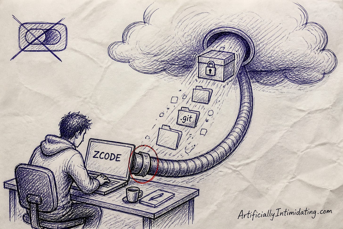A hand-drawn illustration of a developer typing on a laptop labeled ZCode while a huge hose clamped to the back of the machine sucks folders, including one labeled .git, up into a looming cloud.