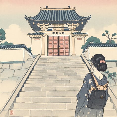 Ukiyo-e prints of a woman walking up to a temple by FLUX, GPT-4o, Ideogram, Imagen, Reve, Seedream
