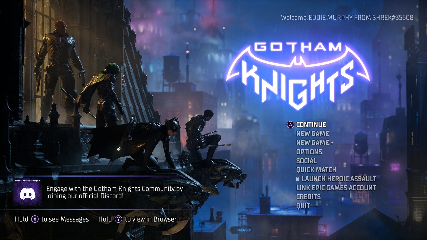 Gotham Knights title screen, featuring Red Hood, Robin, Batgirl, and Nightwing (left to right)