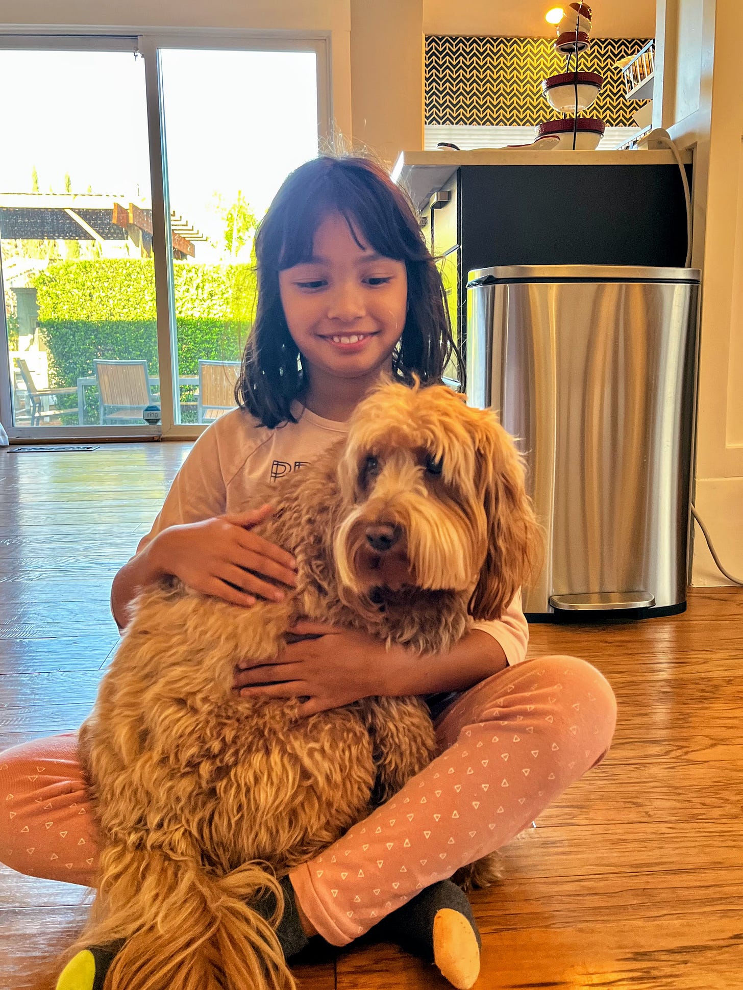 Girl sitting cross-legged on floor with dog in her lap.